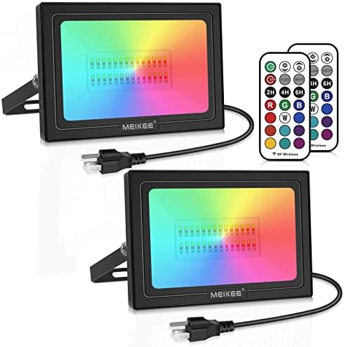 MEIKEE RGB Flood Lights Outdoor 35W, 300W Equivalent, 2 Pack LED Flood Light Color Changing with Remote Plug, IP66 Waterproof, Dimmable Timing Memory Decorative Light for Events Landscape Light Party