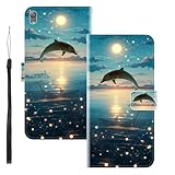 WUACYEAMING für Sony Xperia E5 Hülle Premium PU Leder Flip Klappbare Stoßfeste Magnetische Schutzhülle Tasche mit Kartenfach Geld Slot Ständer Delphin