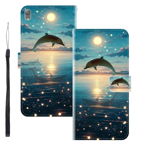 WUACYEAMING für Sony Xperia E5 Hülle Premium PU Leder Flip Klappbare Stoßfeste Magnetische Schutzhülle Tasche mit Kartenfach Geld Slot Ständer Delphin