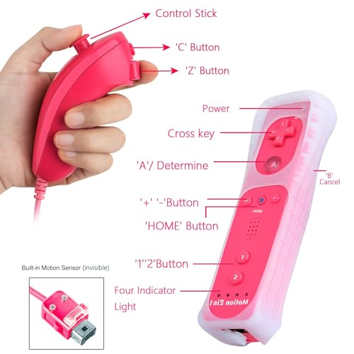 Image of Compatible with Nintendo Wii Controller, Wii Remote with Nunchuck and Nunchuck Controller with Silicone Case and Wrist Strap for Wii and Wii U, Included 2 AA Batteries (Pink)