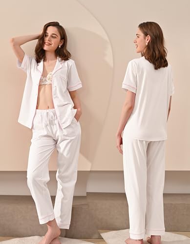 Image of NAP BOUND 100% Cotton Women's Pajama Sets Short Sleeve Button Down Soft Pjs 2 Piece Lounge Set with Pocket Nightwear XS-XXL