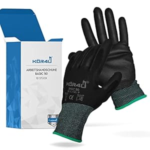 kör4u 10 Paar Arbeitshandschuhe Basic, atmungsaktiv und beschichtet, als Schutzhandschuhe, Gartenhandschuhe Damen und Mechaniker Handschuhe geeignet, mit hochwertiger PU-Beschichtung, dünn und leicht