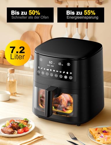 Heißluftfritteuse Airfryer mit Sichtfenster 7,2L, 11-in-1 Air Fryer XXL mit Warm halten, Vorheizfunktion & Abtau, Shake-Reminder Smart und Timer-Funktion, Gesunde Friteuse ohne Öl und fettarmes Kochen – Bild 8