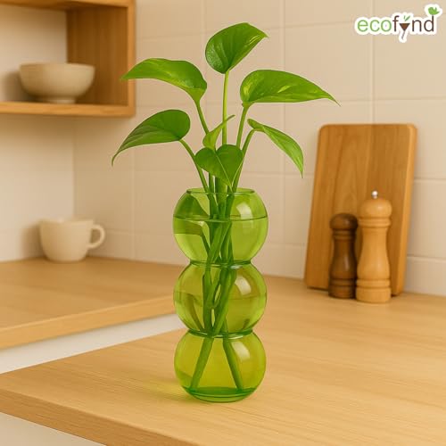 Image of ecofynd 9 Inches Glass Vase for Flowers Plants, Modern Decorative Vase for Home Decor Center Table, Bedroom, Living Room, Office Decoration, Wedding or Gifts, Luster Glass Vase, (GVASE020-GRN-07)