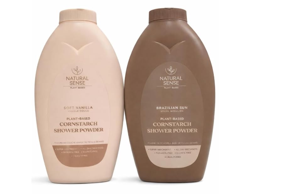 Natural Sense Plant-Based Cornstarch Shower Powder, Soft Vanilla and Brazilian Sun, 2 Pack