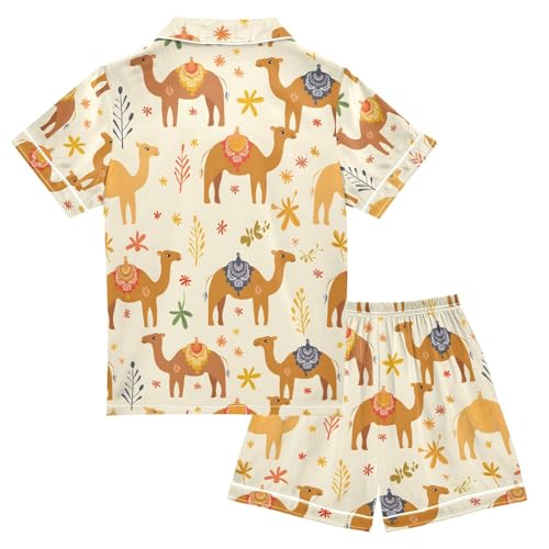 ALAZA Camel Cartoon Flower Pajamas Satin Pajama Set Short Sleeve Button Down Sleepwear2
