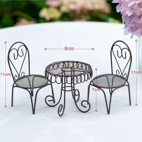 KARLOR 3 Stück Miniatur Tische und Stühle Set, Metall Mini Tisch und Stuhl rund Restaurant Deko Gartenmöbel Mini-Möbel Ornamente Tisch Büro Wohnzimmer Dekoration Vintage Stil (Braun)