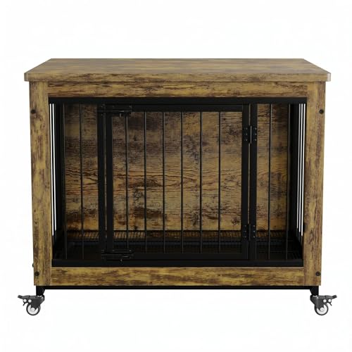 38.6'' Rustic Wood Dog Crate Furniture with Pull-Out Tray, Wheels & 3 Doors, Indoor Kennel Heavy Duty Dog Kennel with Removable Tray, Side Table for Small Medium Breeds Easy Assembly & Cleaning by GarveeHome - Used condition - Image 6