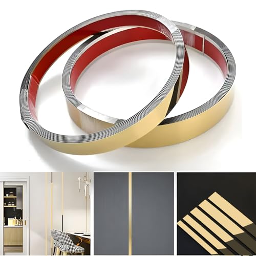 Image of VOLO Stainless Steel 5 Meter /16.4ft Mirror Finish Weather Strip - Waterproof Self-Adhesive Tape for Tile Gap, Wall, Cabinet, Kitchen & Floor - Peel & Stick Adhesive Strip (GOLD, 50MM (2 INCH))