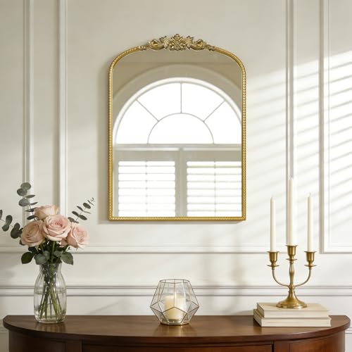 Image of WallBeyond Gold Vintage Mirror for Vanity 22x30 Inch, Gold Antique Mirror with Ornate Frame, Arched Vintage Wall for Bathroom, Living Room, Fireplace, Entryway