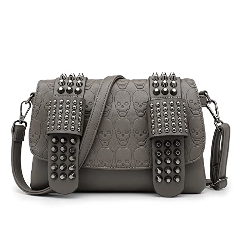 Sac cuir PU gothique ornements crânes et rivets argentés avec compartiments intégrés