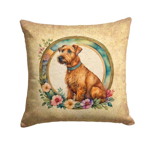 Caroline's Treasures DAC2154PW1414 Irish Terrier and Flowers Fabric Decorative Pillow Machine Washable, Indoor Outdoor Decorative Pillow for Couch, Bed or Patio, 14Hx14W