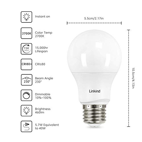 Linkind Dimmable A19 Led Light Bulbs, 5.7W 460 Lumens 40 Watt Equivalent(6 Pack) & 9.5W 800 Lumens 60 Watt Equivalent(6 Pack), E26 Base, 2700K Soft White, Cri80+ 120V, Ul Listed Fcc Certified #TOP1