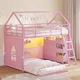 Hasuit Bunk Bed Twin Over Twin with 6 Storage Drawers and 3 Open Bins, House Bunk Bed with LED Lights, L-Shaped Low Bunk Beds with Safety Guardrail & Ladder, Metal Floor Twin Bunk Bed for Kids, Pink