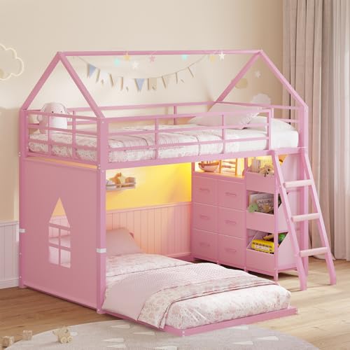Hasuit Bunk Bed Twin Over Twin with 6 Storage Drawers and 3 Open Bins House Bunk Bed with LED Lights L-Shaped Low Bunk Beds with Safety Guardrail & Ladder Metal Floor Twin Bunk Bed for Kids Pink