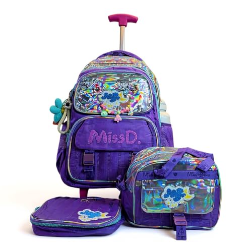 Conjunto de Mochila Escolar Holográfica, Roxo, com Compartimentos Múltiplos, Design Nuvens, 3 Peças