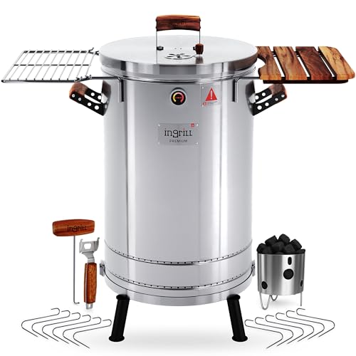 INGRILL Charcoal Grills - 40 lbs Stainless Steel Smoker Grill 3-in-1 for Cooking & Home BBQ - Portable Vertical Smoker Barrel for Outdoor Grilling & Camping - Meat Grill with Thermometer & Accessories