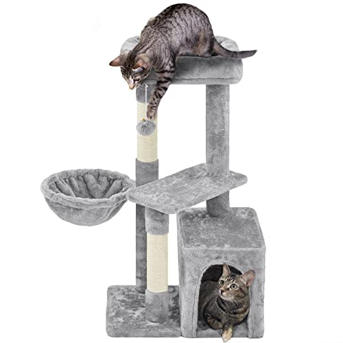 Topeakmart Cat Tree Tower for Indoor Cats, 34.5in Cat Activity Center with Condo & Scratching Post, Cat Climbing Tower Play House w/Large Perch, Platform, Basket for Kitten, Light Gray