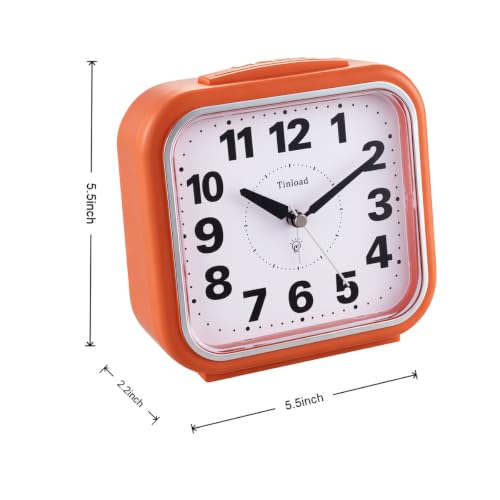 Image of Tinload 5.5 inch Large No Ticking Analog Alarm Clock,Silent Readable for Seniors,Easy to Set,Gradual Rise Alarm,Big Numbers,Gentle Wake,Snooze, Lighted on Demand,Battery Operated,Orange