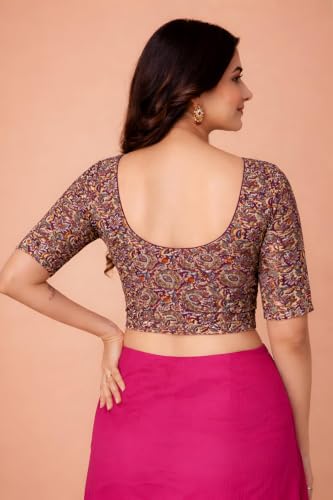 Image of Amazon Brand - Anarva Women's Kalamkari Print Cotton Stretchable Round Neck Readymade Saree Blouse