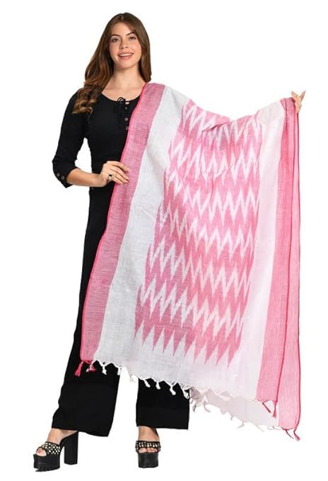 Women's Bhagalpuri Linen Cotton Blend Handloom Ikkat Dupatta (Stole) with Color Border_Free Size_-picture-52