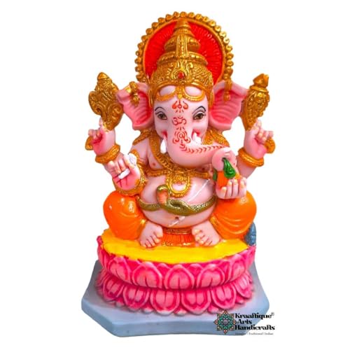 Image of Lotus Seated Ganesh Idol | Ganesh Sitting on Lotus Flower Murti | Divine Ganpati Murti for Home Mandir & Office Decor | Ganpati Murti for Puja & Gifting (Marble,15 CM)