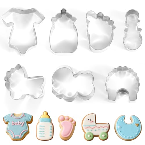 7pcs Baby Shower Cookie Cutter Set, Onesie, Bib, Rattle, Bottle, Carriage, Foot and Letter Cookie Sandwich Pastry Cutters Fondant Biscuit Tools for Baking Baby Shower Birthday Party Decorations