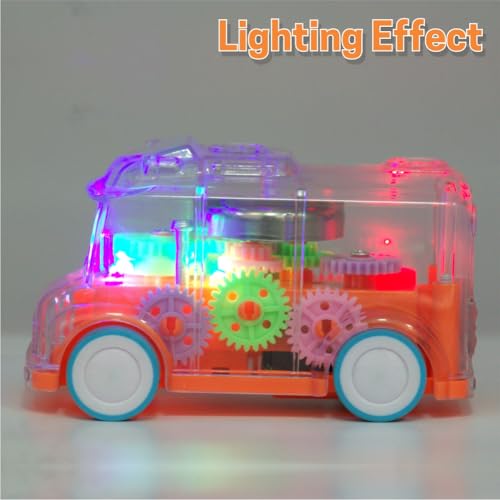 Image of ADITI TOYS Transparent Gear Bus for Kids, Mini School Bus with Tinkling Sound and Light Toy for Kids Above 3 Years, BIS Approved (Orange)