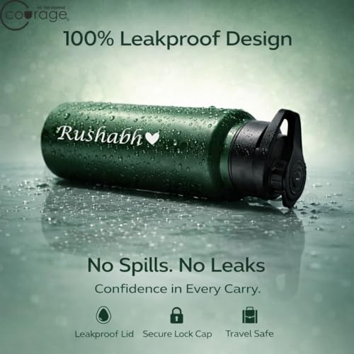 Image of COURAGE Stainless Steel Customize Sipper Water Bottle 1Liter Leak Proof for Fridge Home Office Travel School Kids Boys Girls Adults Sports Gym Yoga - Green
