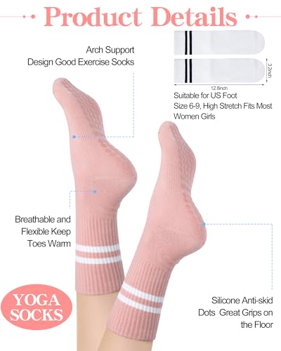 Sintege 6 Pairs Pilates Socks with Grips for Women Non Slip Yoga Crew Socks for Barre Ballet Dance Barefoot Workout Hospital(Stylish Colors)