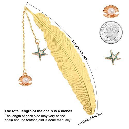 2 Pcs Metal Feather Bookmarks With Unique Pendants By Soykay (Gold Seashell & Starfish) #TOP1