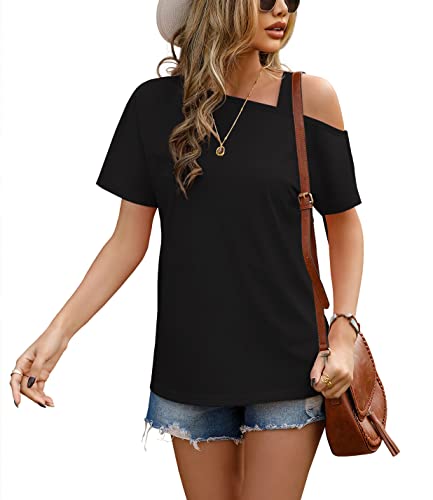 JINKESI Women s Short Sleeve Tunic Tops Casual Summer Cold Shoulder Blouse Shirts Black-Medium