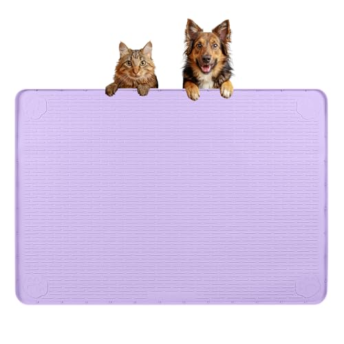 Dog Food Mat, Extra Large 34" x 22" Silicone Pet Feeding Mat with Raised Edge Pet Placemat for Small, Medium, and Large Pets Non-Slip, Easy to Clean (Purple)