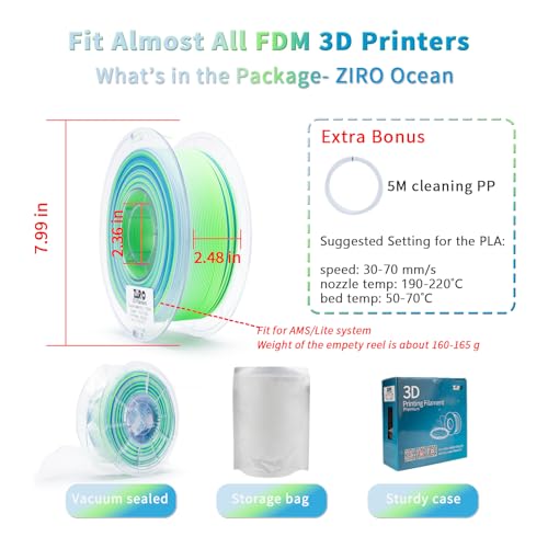 Image of ZIRO 3D Printer Filament, Fast Color Changing Filament 1.75mm, Color Gradient PLA Filaments, Matte Texture, Dimensional Accuracy + /- 0.03mm, Fit Most 3D Printer 2.2lbs Spool, Ocean(Matte)