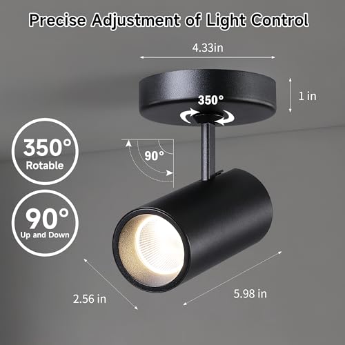 Image of LED Dimmable Indoor Ceiling Spotlight, Hardwire Directional Fixture | 12W Adjustable Wall Surface Accent Lamp for Home Corridor Picture Artwork, 360 Rotatable Directional Spot Light, Black 4Pcs