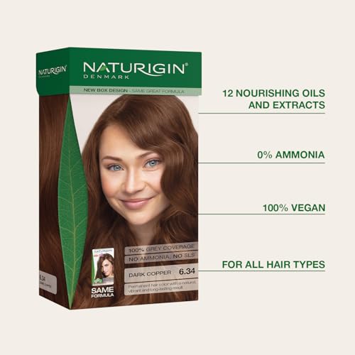Image of Naturigin Permanent Hair Color, 6.34 Dark Copper, Ammonia Free, 100% Gray Coverage, Nourishing Natural Formula, For All Hair Types, Long-Lasting, Vegan & Cruelty-Free, 1 Pack