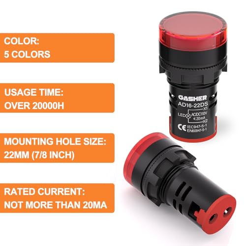 GASHER 12V/24V/110V 20mA Energy Saving LED Indicator Light Mounting Hole Size 22mm (7/8 Inch) Green Yellow Red Blue White (12V) 10 Pcs