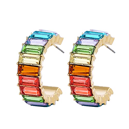 Rainbow Baguette Earring Anniversary Eternity Cubic Zirconia Earrings Crystal Wedding Huggie Hoop Earrings Fashion Luxury Jewelry For Women Girl (Full Colour) #TOP21