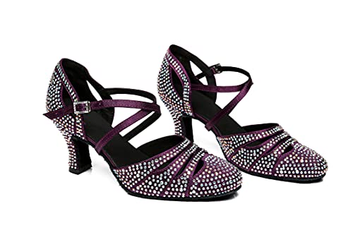 Minishion Rhinestone Dancing Shoes Women Mid Heel Latin Ballroom Pumps L475 Purple Us 8.5 #TOP1