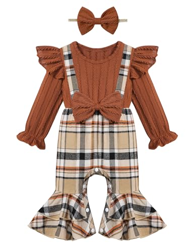 Image of Queenstyle Newborn Baby Girl Clothes Romper Long Sleeve Ruffle Jumpsuit Cute Infant Girl Fall Winter Outfits with Headband
