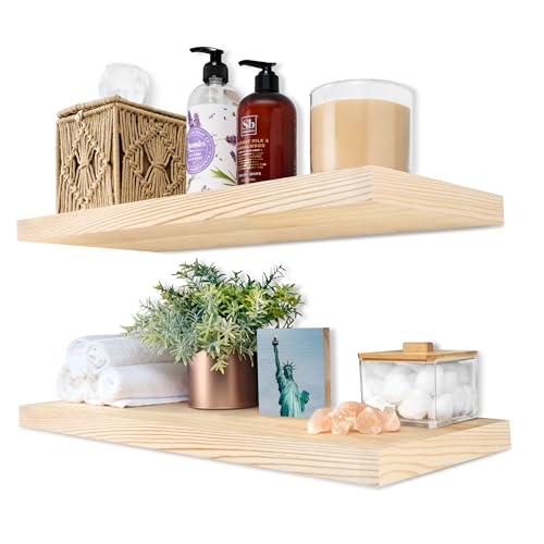 Sorbus Wood Floating Shelves for Wall – 24” Solid Wood Shelves for Bathroom Decor, Books, Bedroom & Living Room – Set of 2 Natural Wall Mounted Kitchen Shelves – Durable Solid Pine