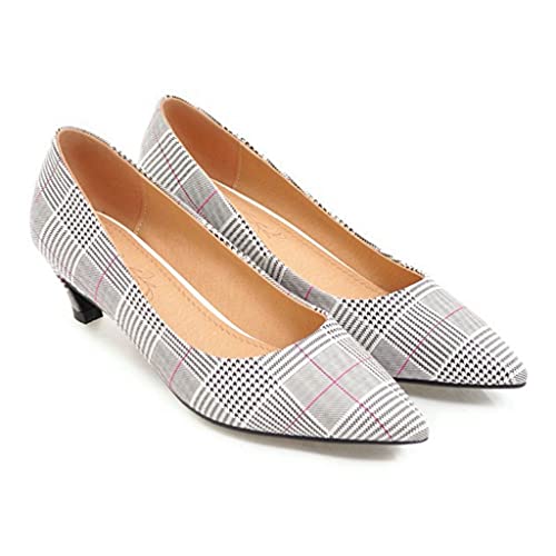 MIOKE Women's Fashion Plaid Comfort Low Kitten Heels Pumps Pointed Toe Slip On Office Party Dress Shoes2