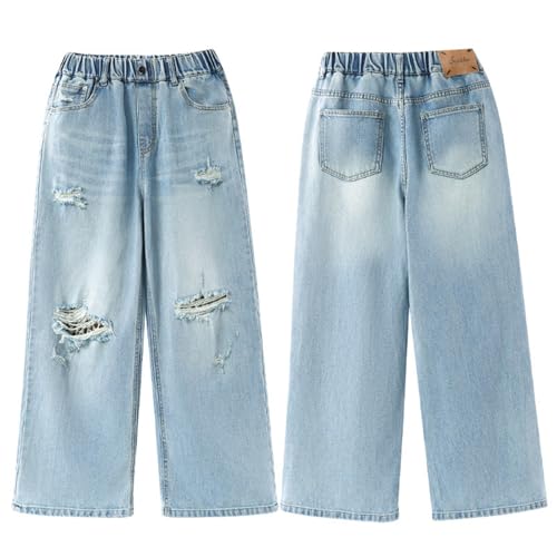 Ripped Jeans for Teen Girls Wide Leg Trendy High Waisted Distressed Baggy Denim Pants Trousers Streetwear 5-14Years