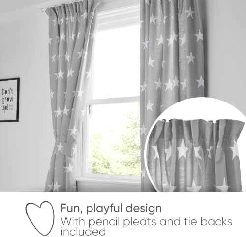 Bloomsbury Mill Grey & White Stars Curtains Set - Kids Lined Curtain Pair with Tiebacks - 66 x 72 inch (168cm x 183cm)