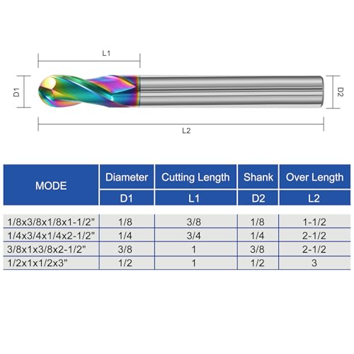 Image of 1 /4 inch Solid Carbide Ball Nose End Mill 2Flute DLC Coated HRC55 CNC Milling Cutter Bits for Copper & Aluminum Alloys