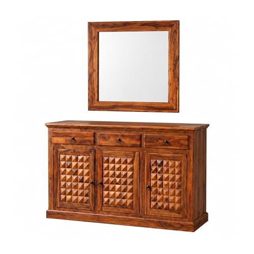Image of SONA ART & CRAFTS Diamond Solid Sheesham Wood Bedroom Set | King Size Bed with Box Storage, Wardrobe, Cabinet with Mirror & Two Bedside Tables - Natural Finish (Assembly Included)