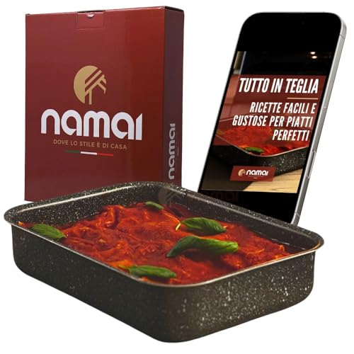 NAMAI Teglia Forno Rettangolare 28cm x 40cm x 6,5cm - Lasagnera Antiaderente - Adatta Per la Lavastoviglie- Alluminio - Teglie da Forno - Design Effetto Pietra (28cm x 40cm)