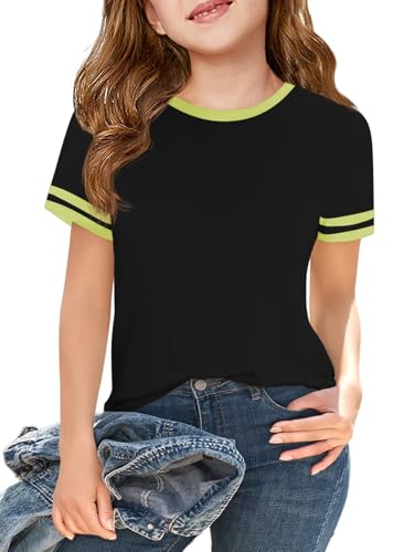 Recopilación de Camisetas de manga corta para Niña los más solicitados. 48 Haloumoning - Camisetas de manga corta para niñas de verano con cuello redondo y bloques de color, camisetas de moda de 5 a 14 años, Verde fluorescente y negro, 11-12 Años