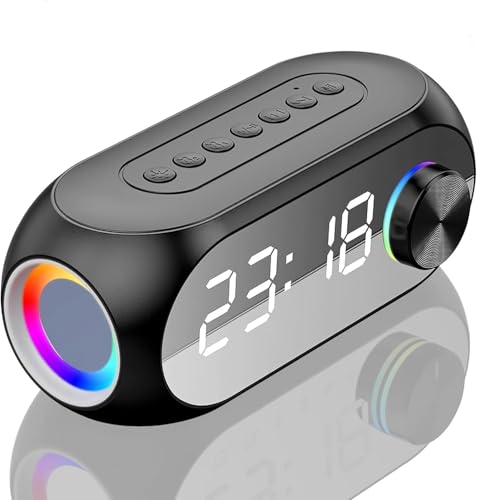 Digital Alarm Clock Bluetooth Speaker with Am/fm Radio, Smart Alarm Clock for Adults with Dual Alarm, Digital Alarm Clock Radio with LED Mirror Display, Hands-Free Calling