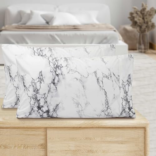 Image of Elegant Comfort Luxury Ultra-Soft 2-Piece Pillowcase Set - 1500 Premium Hotel Quality Microfiber Double Brushed - Wrinkle Resistant, King Size, Marble Pattern White